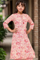 Peach Floral Printed Kurta With Pant Set For Girls