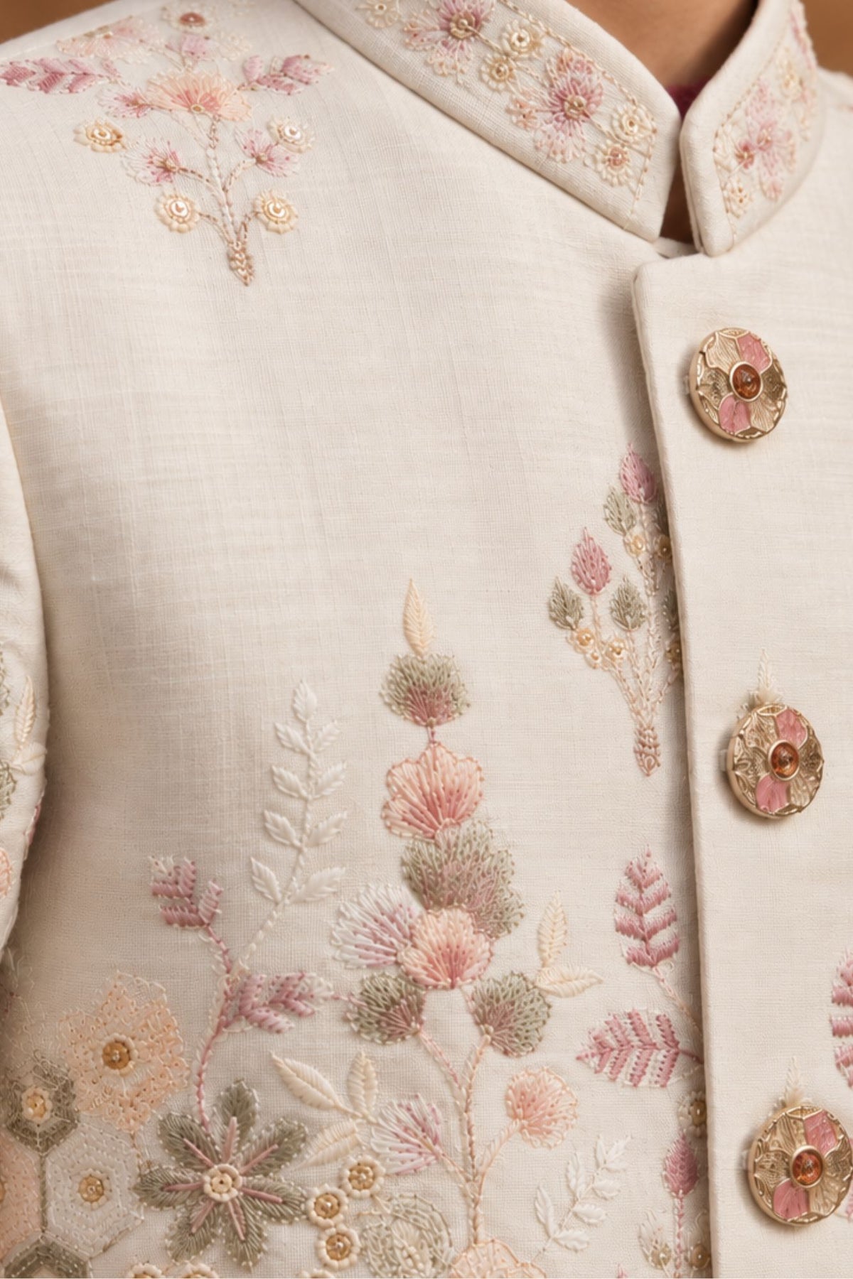 Ivory Embroidered Sherwani Set With Tailored Pants For Boys