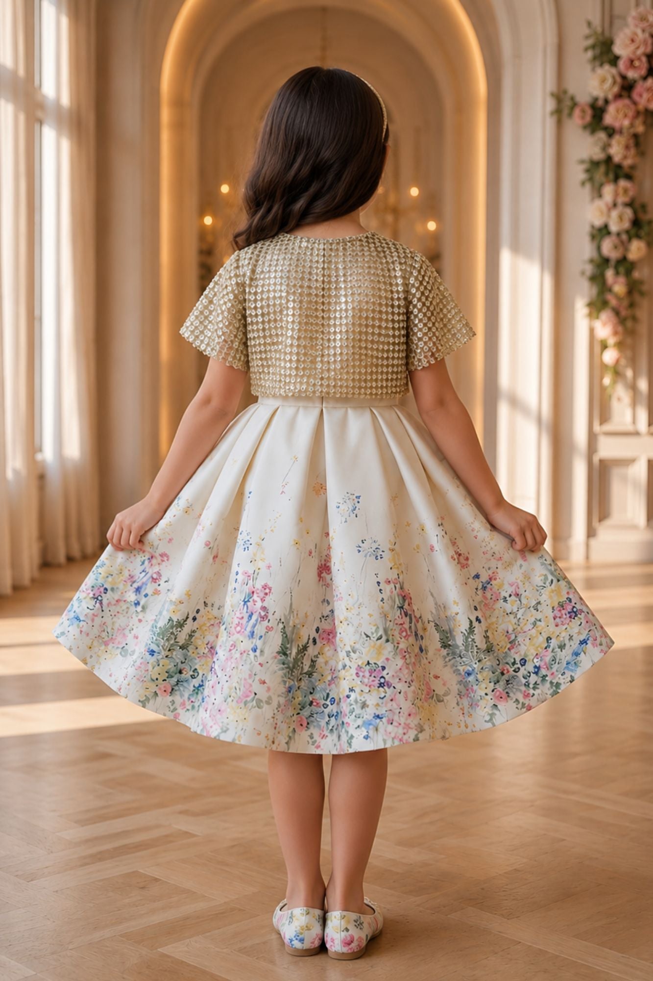 Ivory Floral Party Wear Frock with Golden Jacket And Bow Waist Accent For Girls