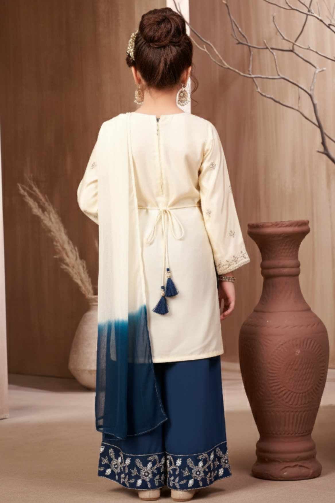 Ivory Embroidered Kurti Peacock Blue Palazzo Set with Dupatta for Girls