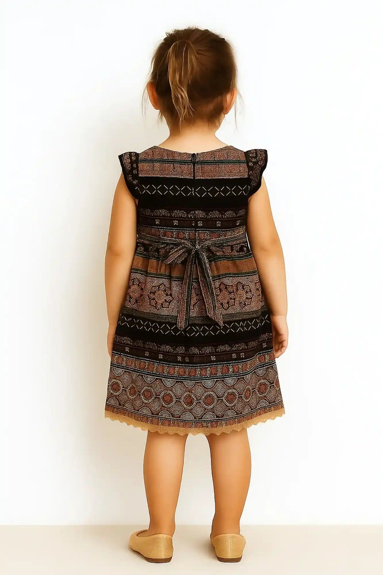 Boho Print Sequin Embroidered Flutter Sleeve Dress For Girls
