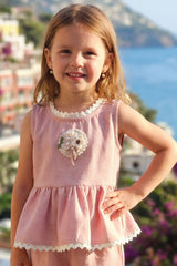Girls Blush Pink Peplum Co-Ord Set With Floral Applique And Lace Detailing