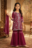 Dark Mauve Thread Embroidered Short Kurti with Sharara and Dupatta For Girls