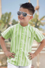 Green Strip Shirt With White Shorts Set For Boys