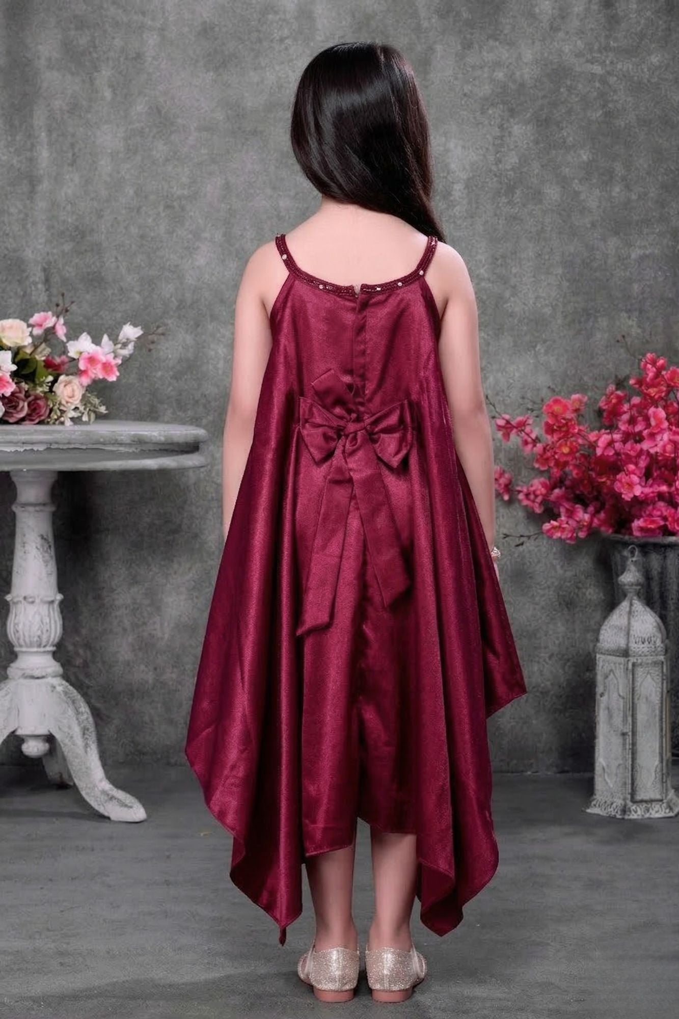 Wine Party Wear High-Low Frock with Bow Detail For Girls