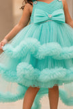 Green High-Low Party Wear Tulle Frock with Bow Detail For Girls