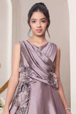 Mauve Gown with Draped Bodice and 3D Floral Appliqué Embroidery For Girls