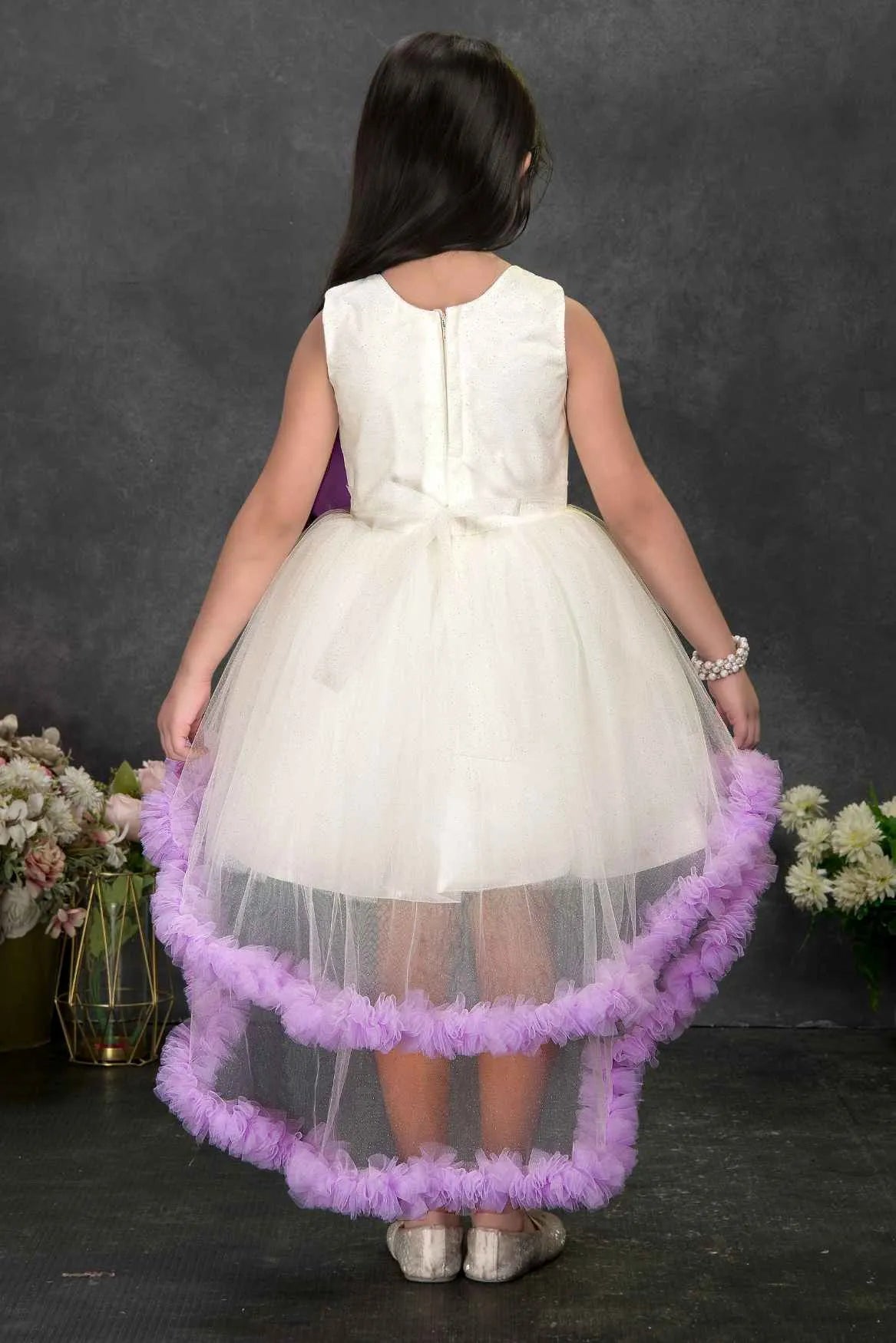 Off-White and Lavender High-Low Party Frock with 3D Flower Appliqué For Girls