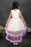 Off-White and Lavender High-Low Party Frock with 3D Flower Appliqué For Girls