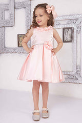 Peach Sleeveless And Floral Embellished With Stone Work Frock For Girls