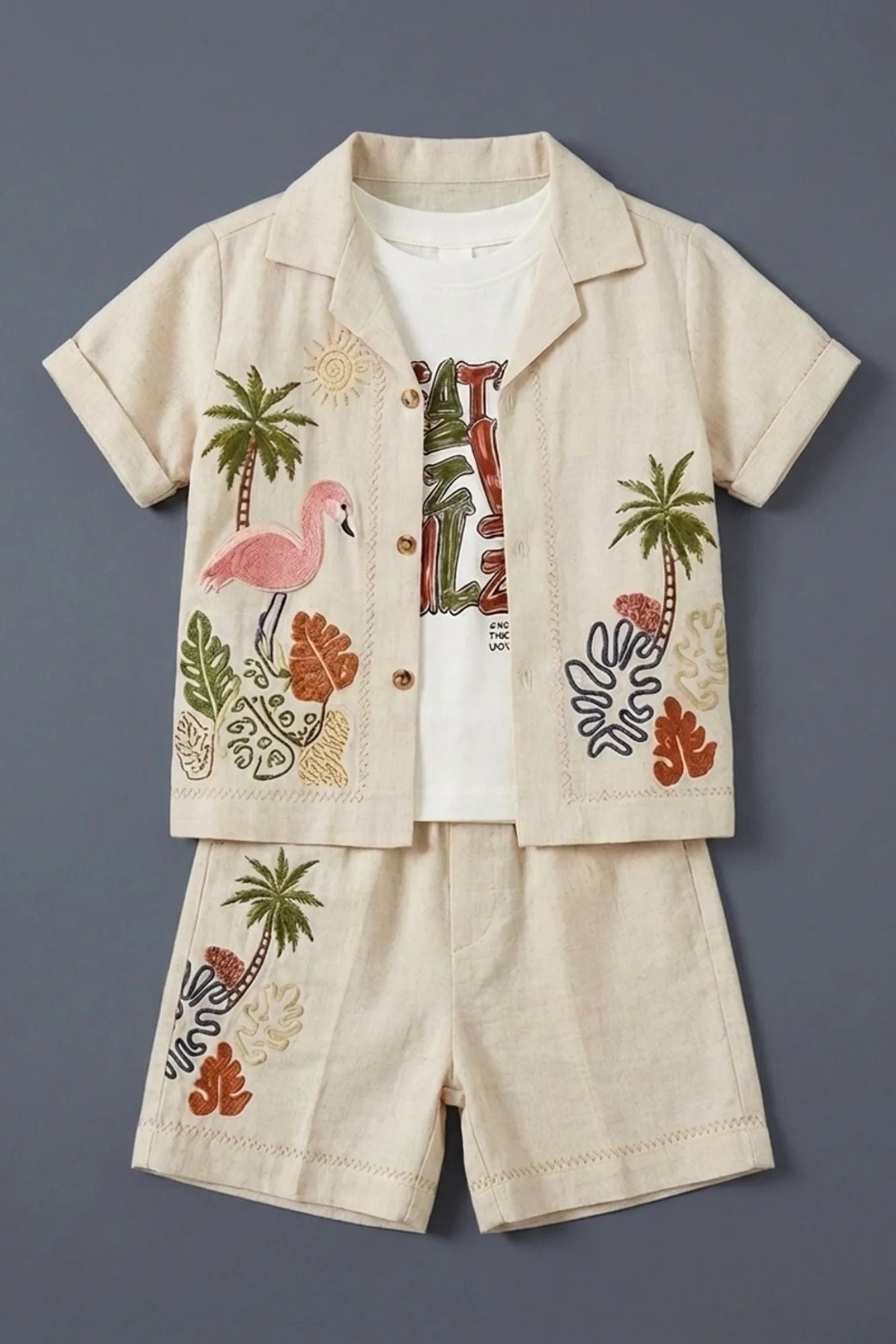 Boys Beige Shorts Set with Tropical Embroidered Shirt And Printed Tee