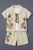 Boys Beige Shorts Set with Tropical Embroidered Shirt And Printed Tee