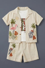 Boys Beige Shorts Set with Tropical Embroidered Shirt And Printed Tee