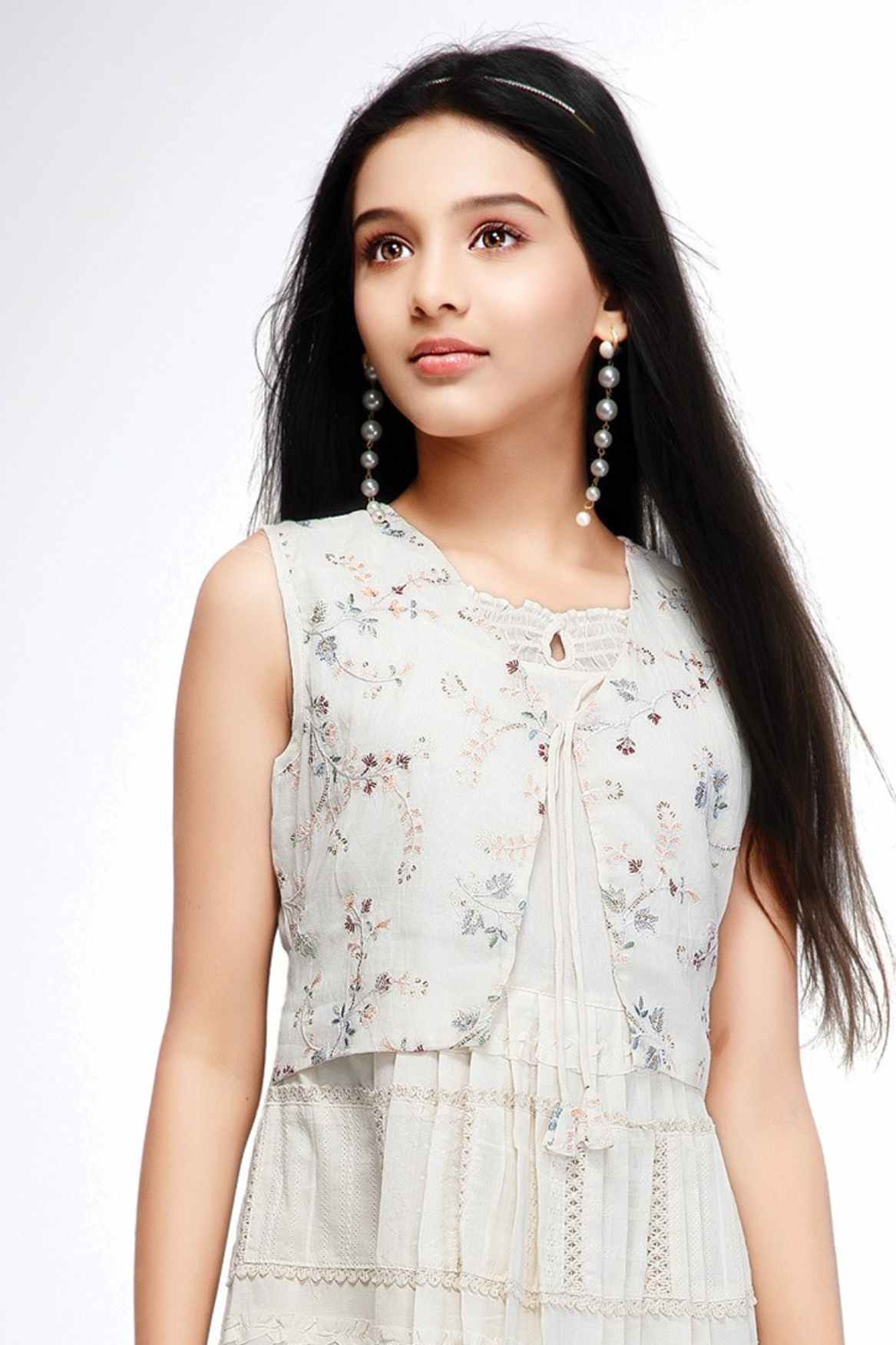 Cream Floral Embroidery Dress With Attached Overcoat For Girls