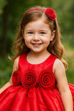Red Floral Appliqué Tiered Frock For Girls