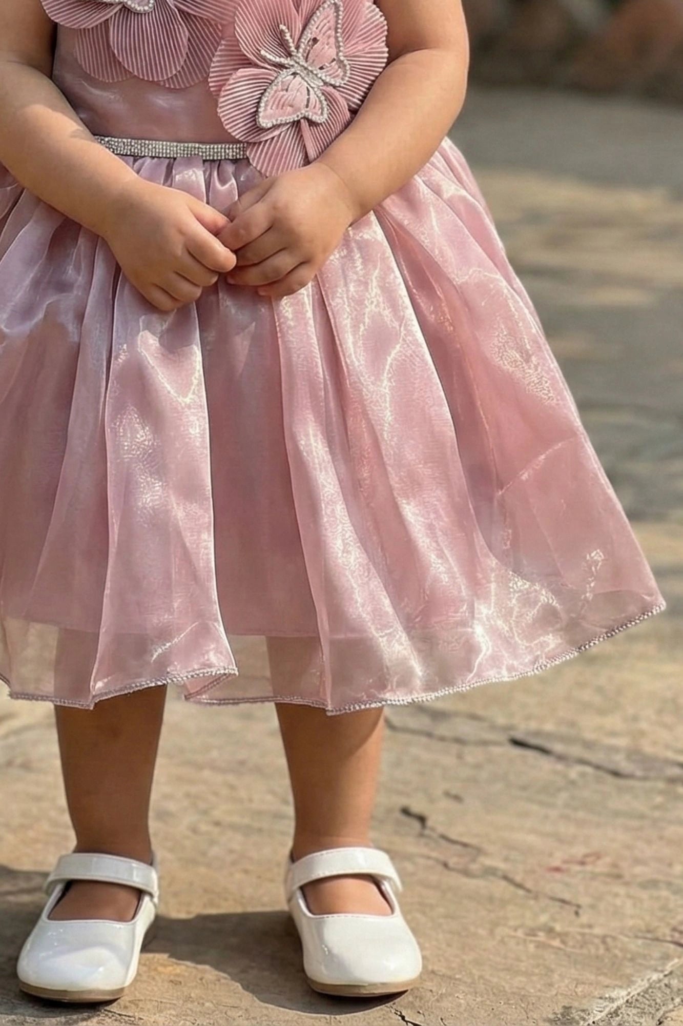 Baby Pink Butterfly Appliqué Party Wear Frock For Girls
