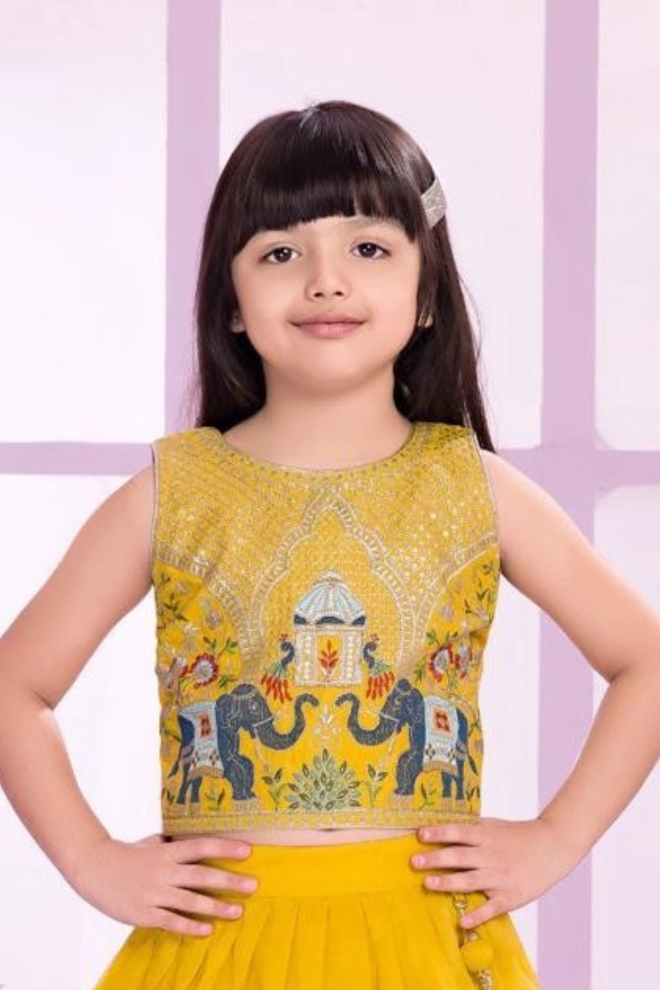 Royal Elephant Motif Yellow Embroidered Ethnic Skirt & Top Set For Girls