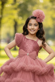 Dusty Pink Sequin High-Low Party Dress with Layered Ruffle Hem For Girls