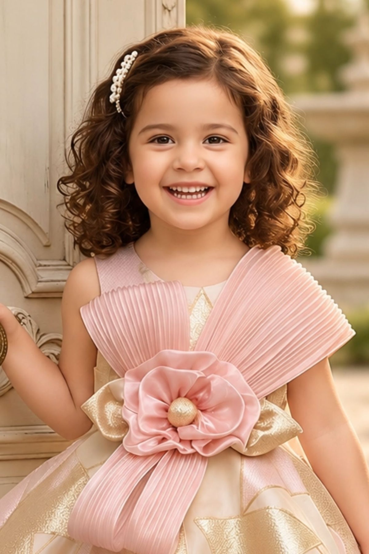 Girls Ivory And Peach Organza Party Frock with Statement Bow
