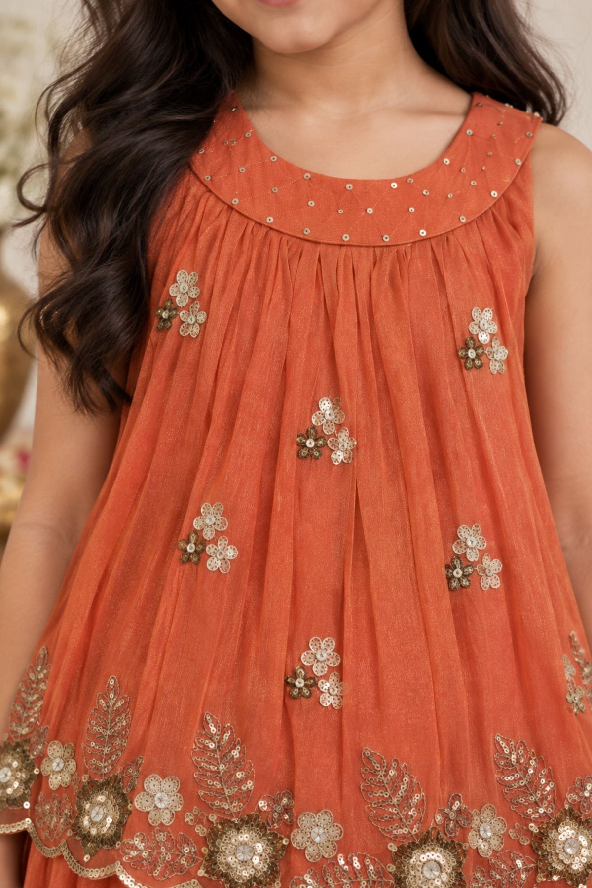 Girls Rust Orange Floral Sequin Embellished Palazzo Set With Dupatta