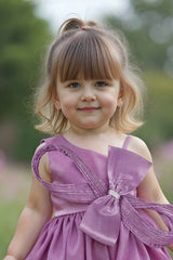 Mauve One Shoulder Bow Party Dress For Girls