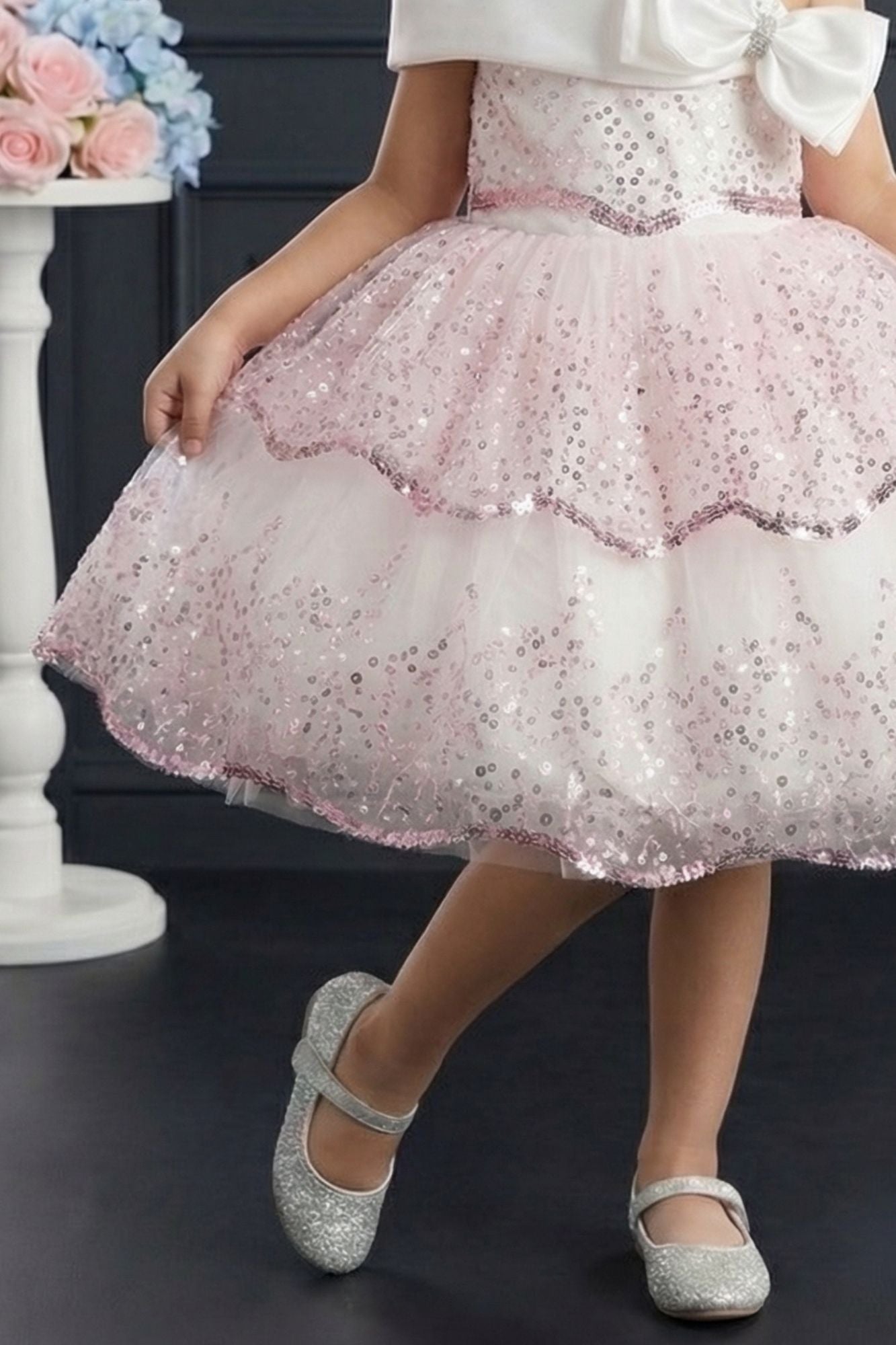 Pink Sequin Layered Ruffle Party Wear Frock With Statement Bow For Girls