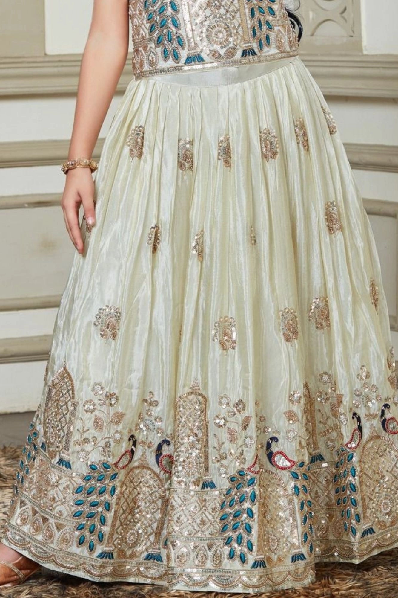 Off-White Lehenga Choli with Peacock Embroidery For Girls