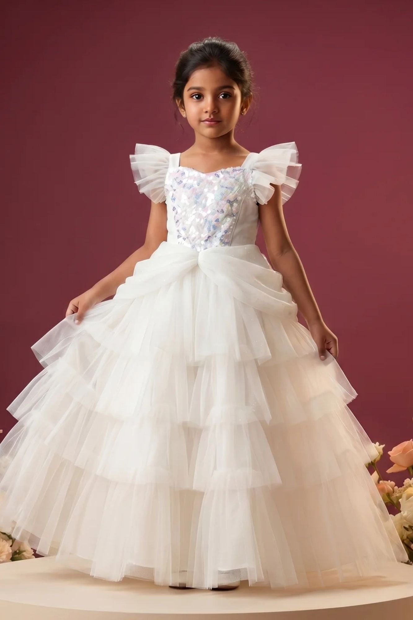 Girls White Sequin Embellished Layered Net Party Wear Gown