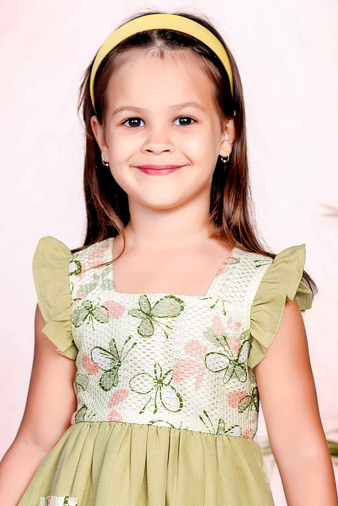 Olive Green Cotton Frock With Butterfly Print For Girls