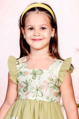 Olive Green Cotton Frock With Butterfly Print For Girls