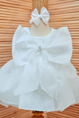 White Bow Embellished With Pearls Work Frock For Girls