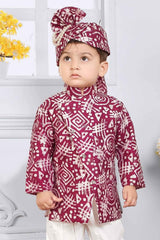 Wine Full Sleeves Bandhani Printed Kurta Set For Boys