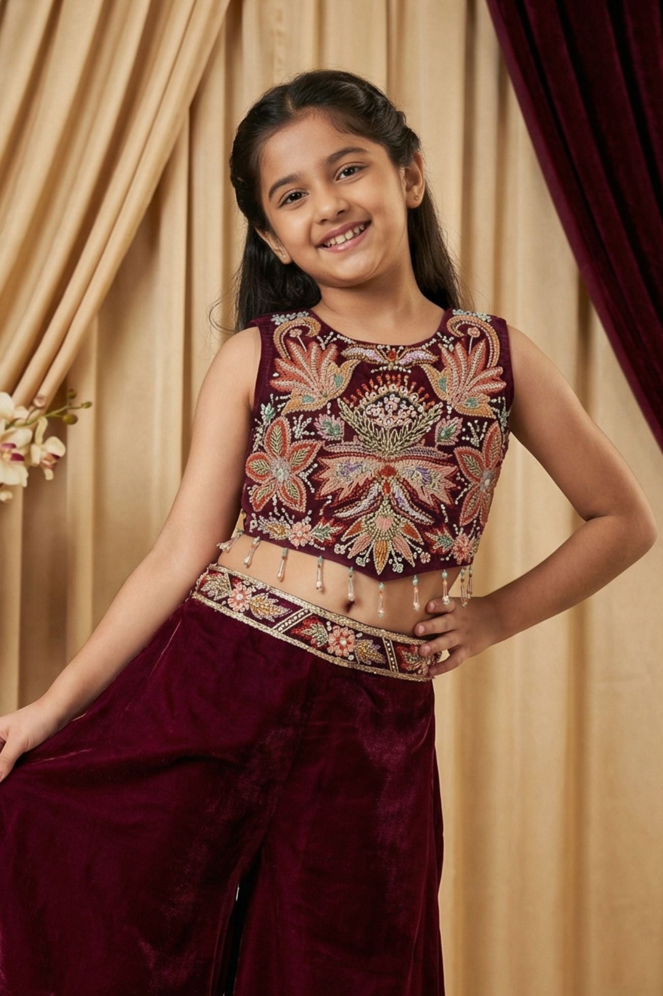 Maroon Embroidered Palazzo Set For Girls