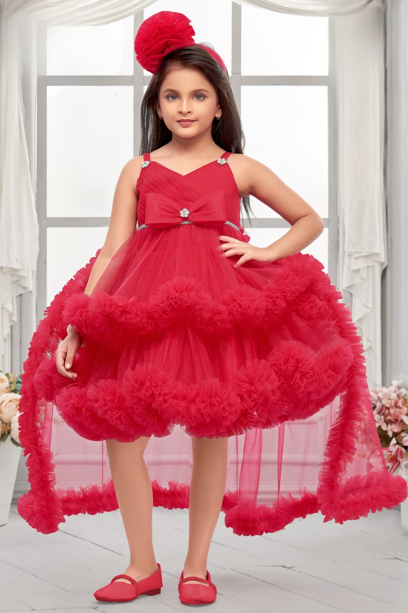 Rani Pink High-Low Party Wear Tulle Frock with Bow Detail For Girls