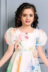 Off White Casual Floral Printed Frock For Girls