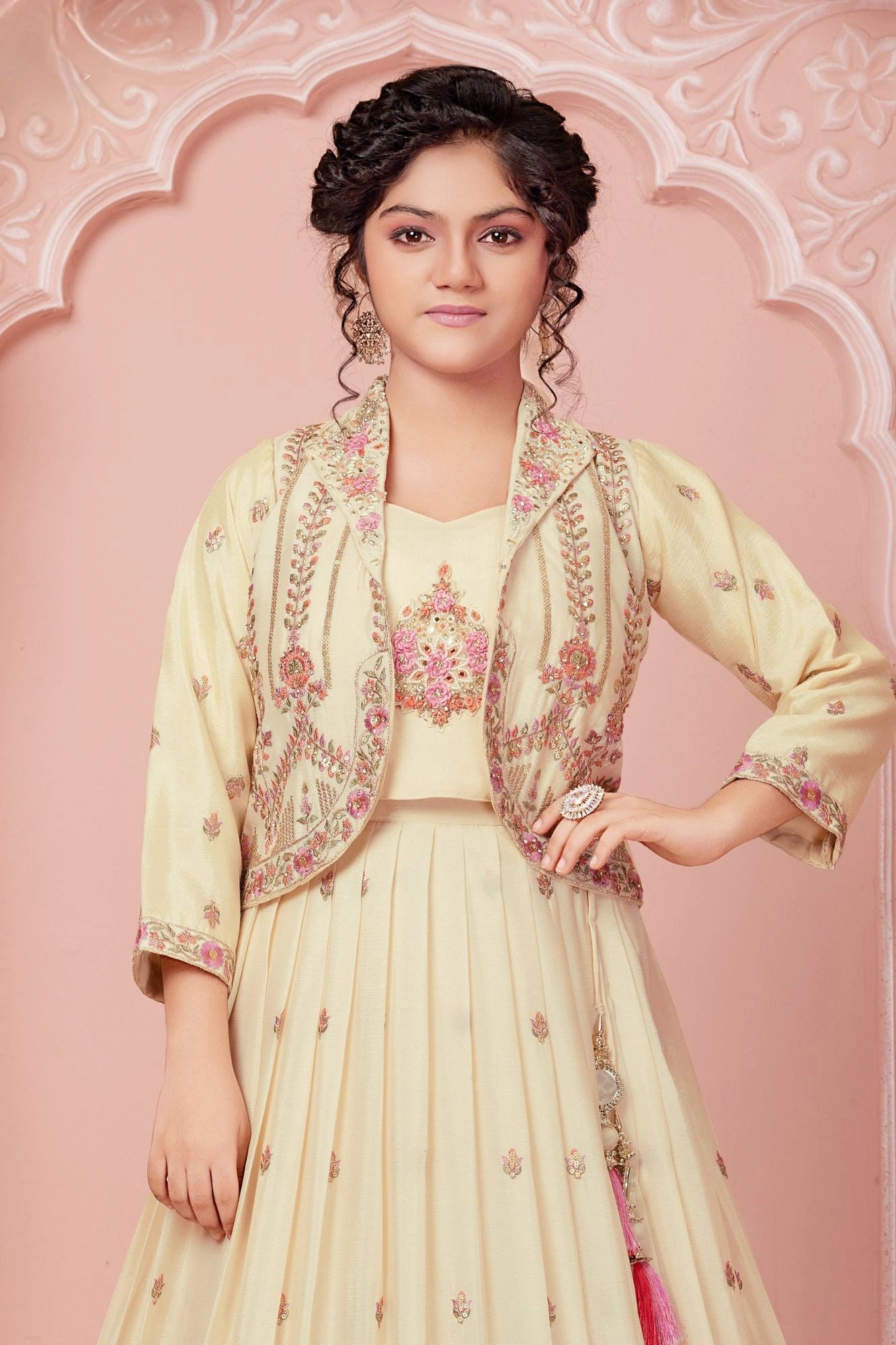 Ivory 3-Piece Embroidered Jacket Lehenga Set for Girls