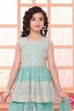Sea Green Sequins Embroidered Dhoti Set With Peplum Kurti And Dupatta For Girls