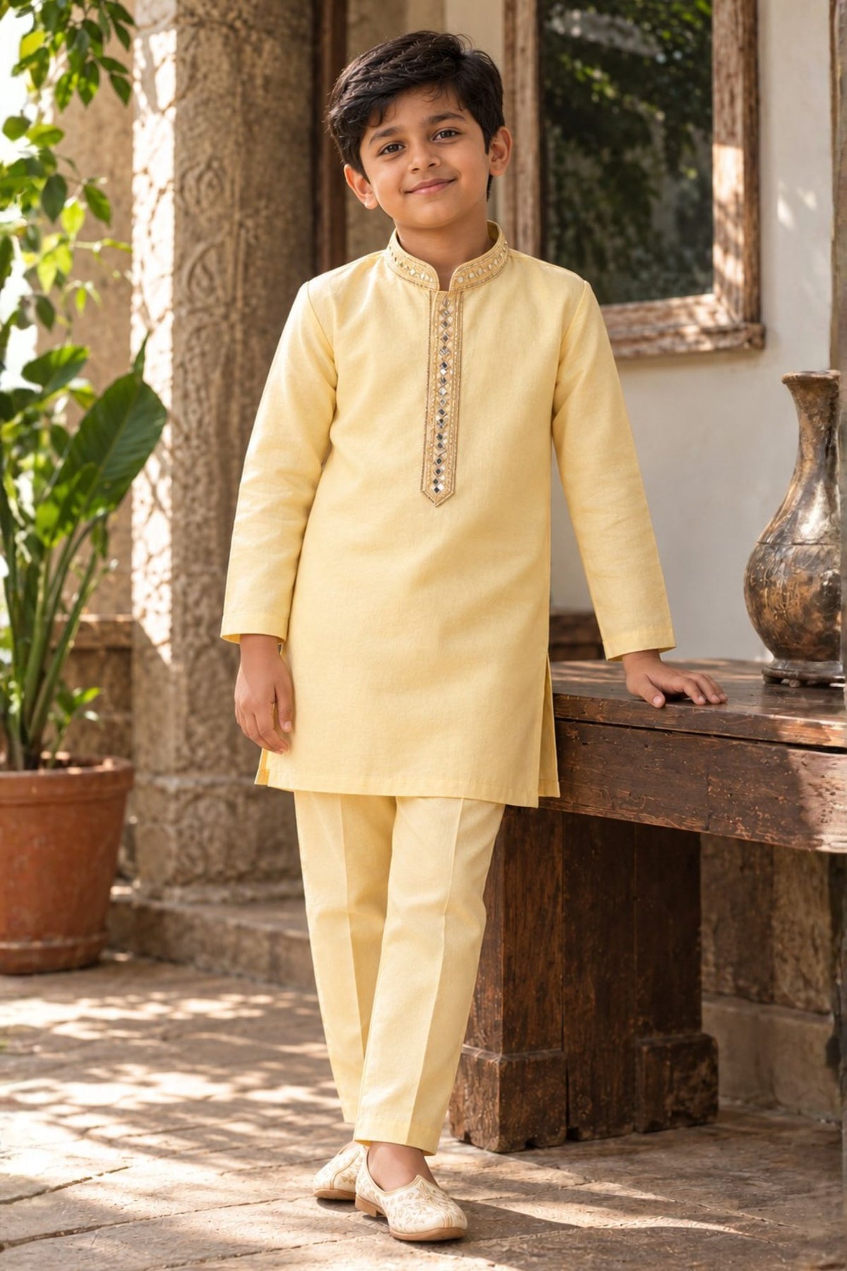 Yellow Embroidered Linen Kurta Set For Boys