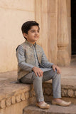 Boys Grey Floral And Paisley Embroidered Kurta Set with Nehru Jacket