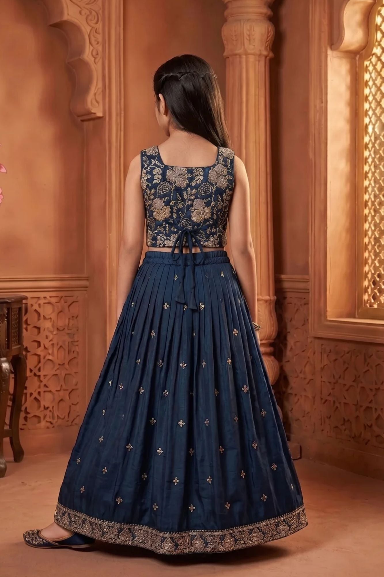 Girls Navy Blue Embroidered Lehenga Choli Set with Net Dupatta