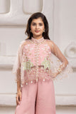 Pastel Pink Cape Style Palazzo Set With Sequin Floral Embroidery For Girls