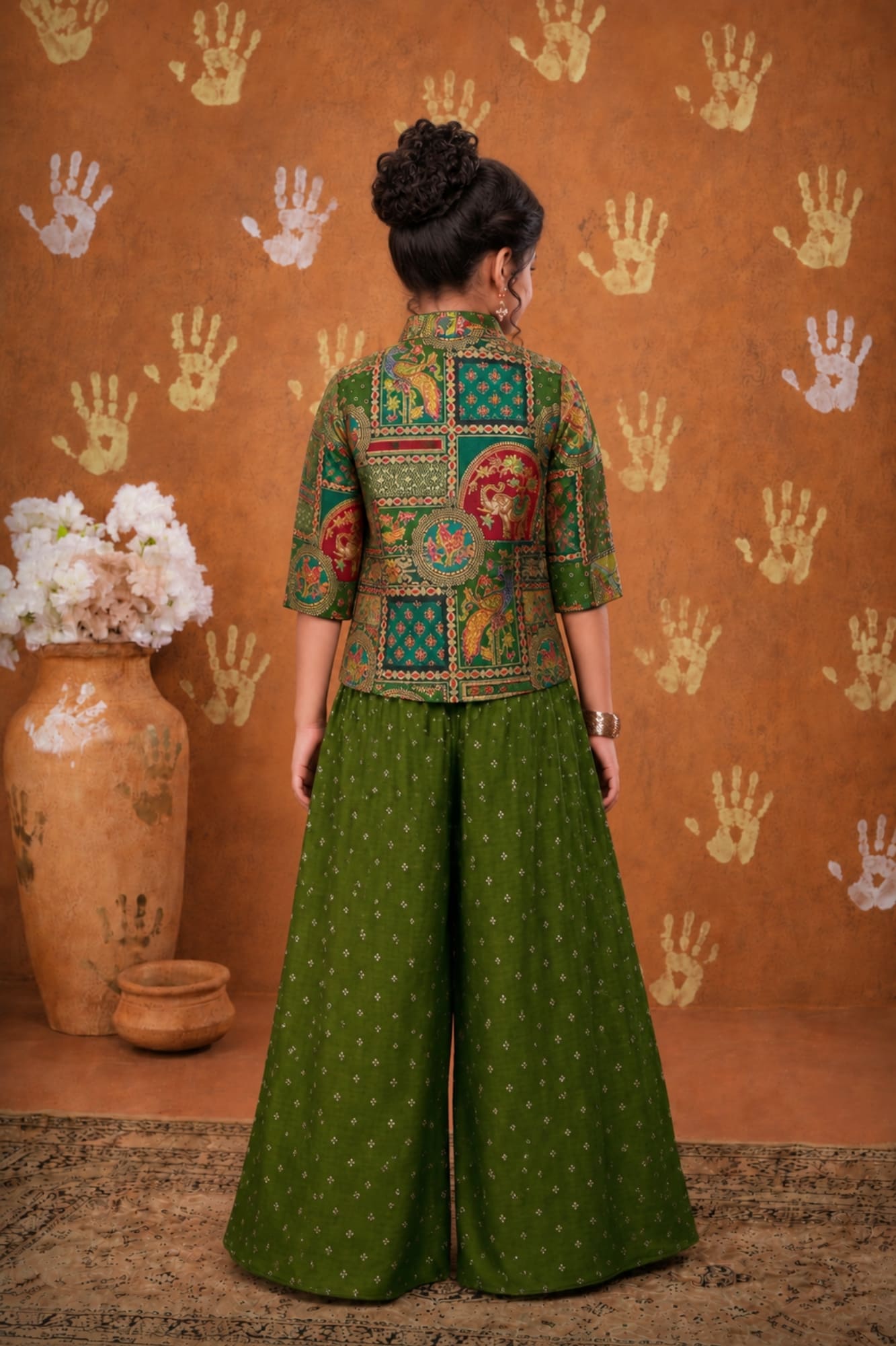 Girls Olive Green Printed Palazzo Set with Jacket and Palazzo Pants