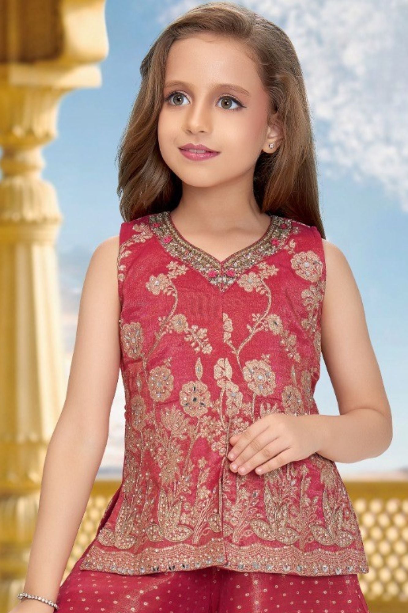 Rani Pink Embroidered Top with Flared Palazzo Set For Girls