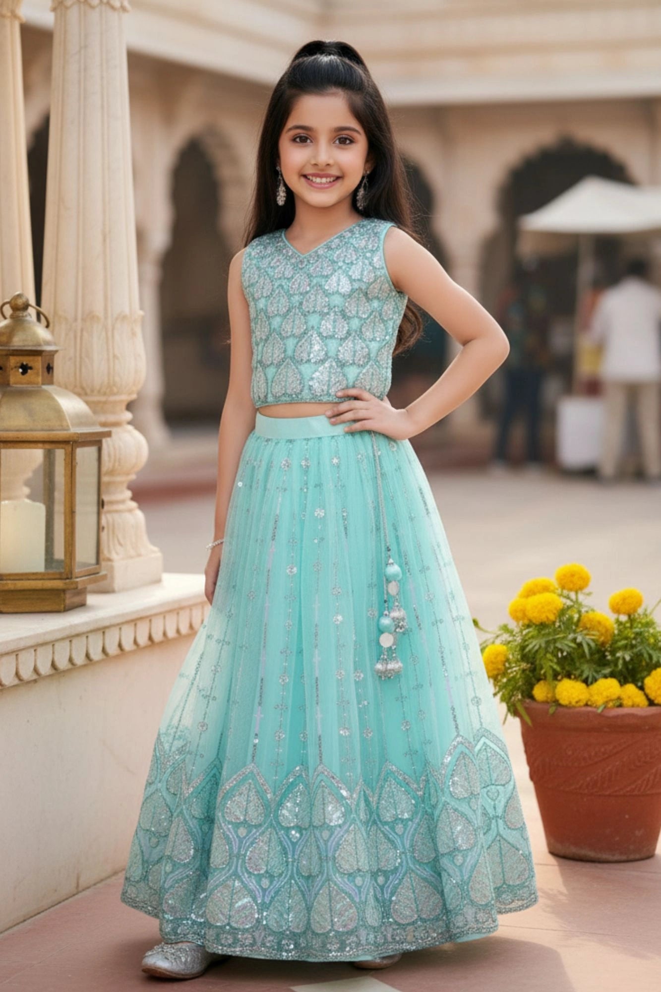 Sea Green Embroidered Lehenga Choli with Sequin Detailing For Girls