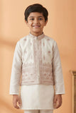 Cream With Pink Embroidered Kurta Set with Nehru Jacket For Boys