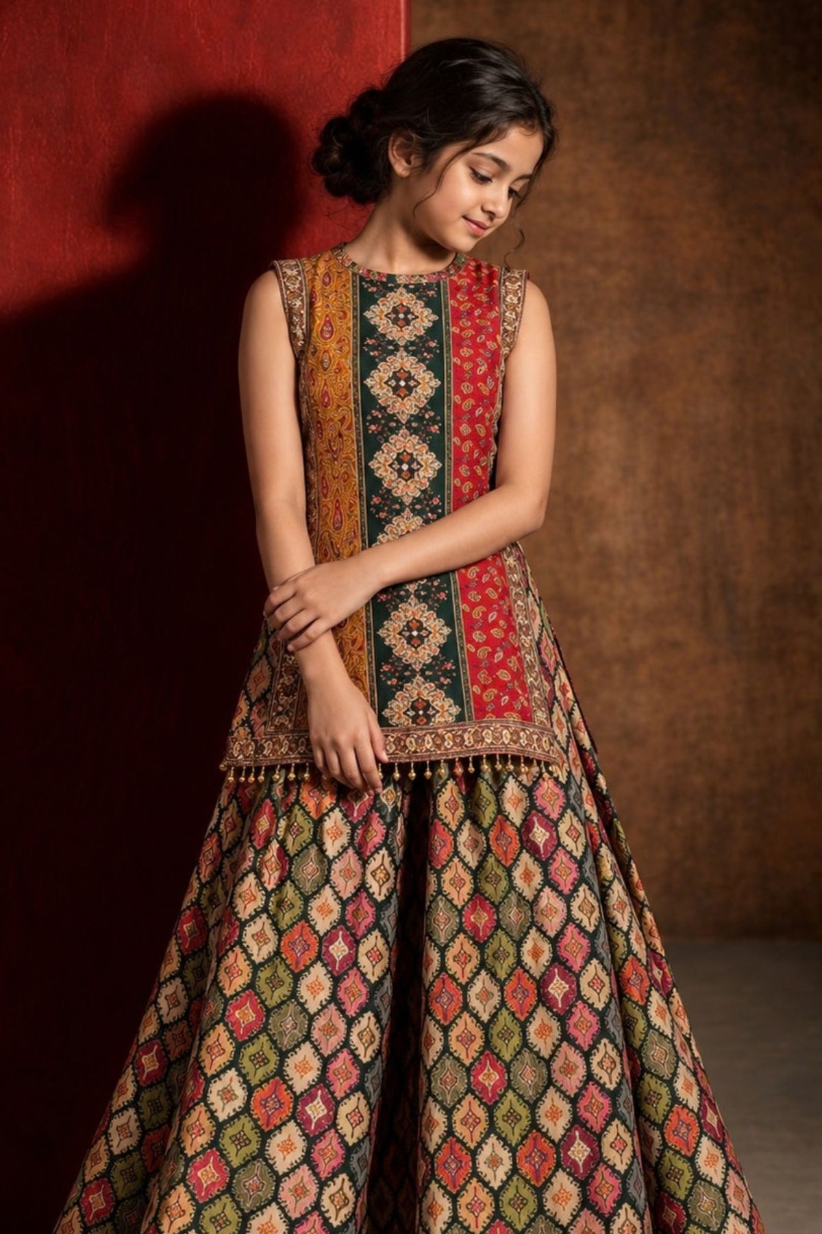 Multicolour Traditional Mirror Embellished Lehenga Choli Set for Girls