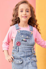 Pink 3/4th Sleeves T shirt With Blue Denim Jumpsuit Set For Girls