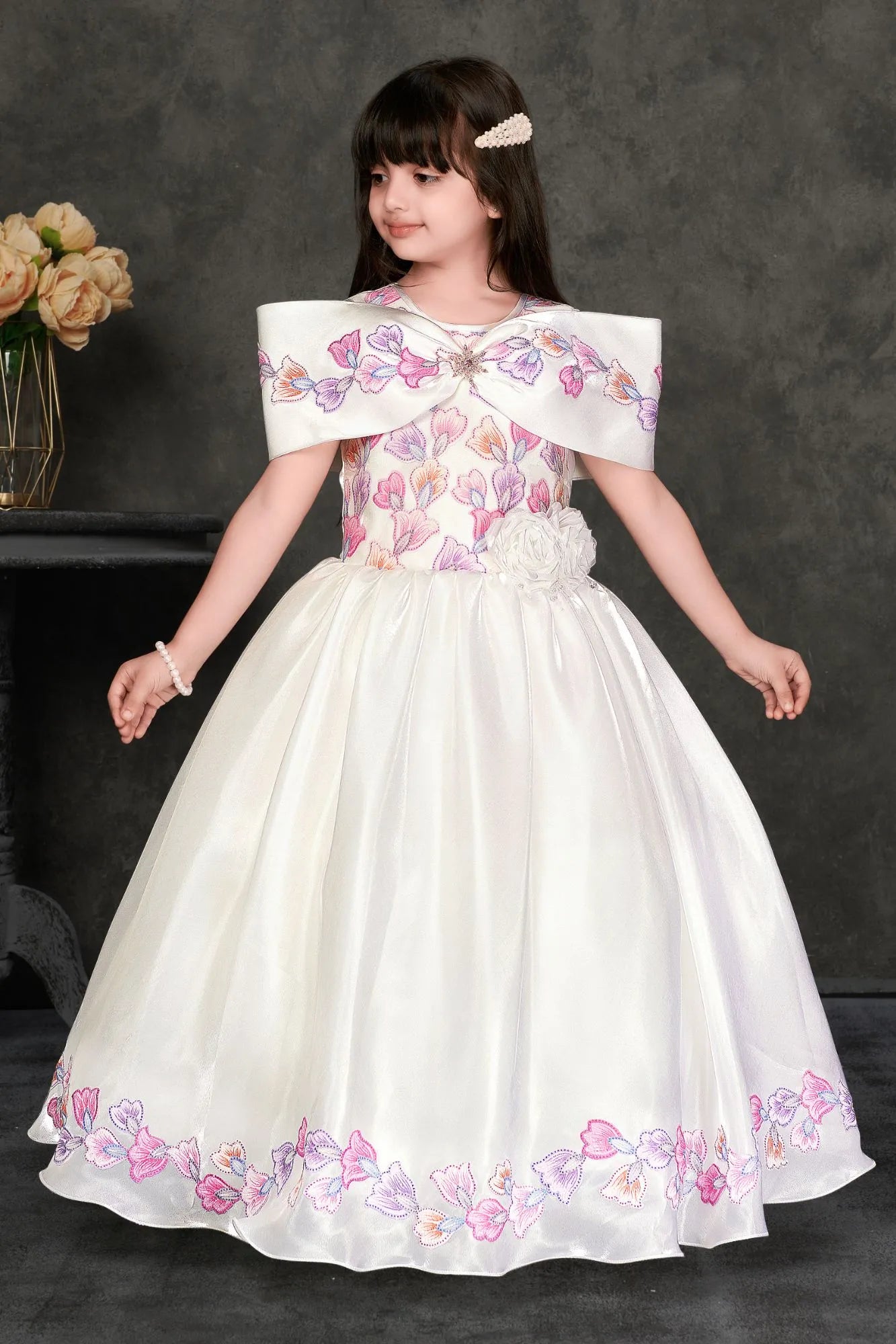 White Floral Embroidered Party Gown For Girls