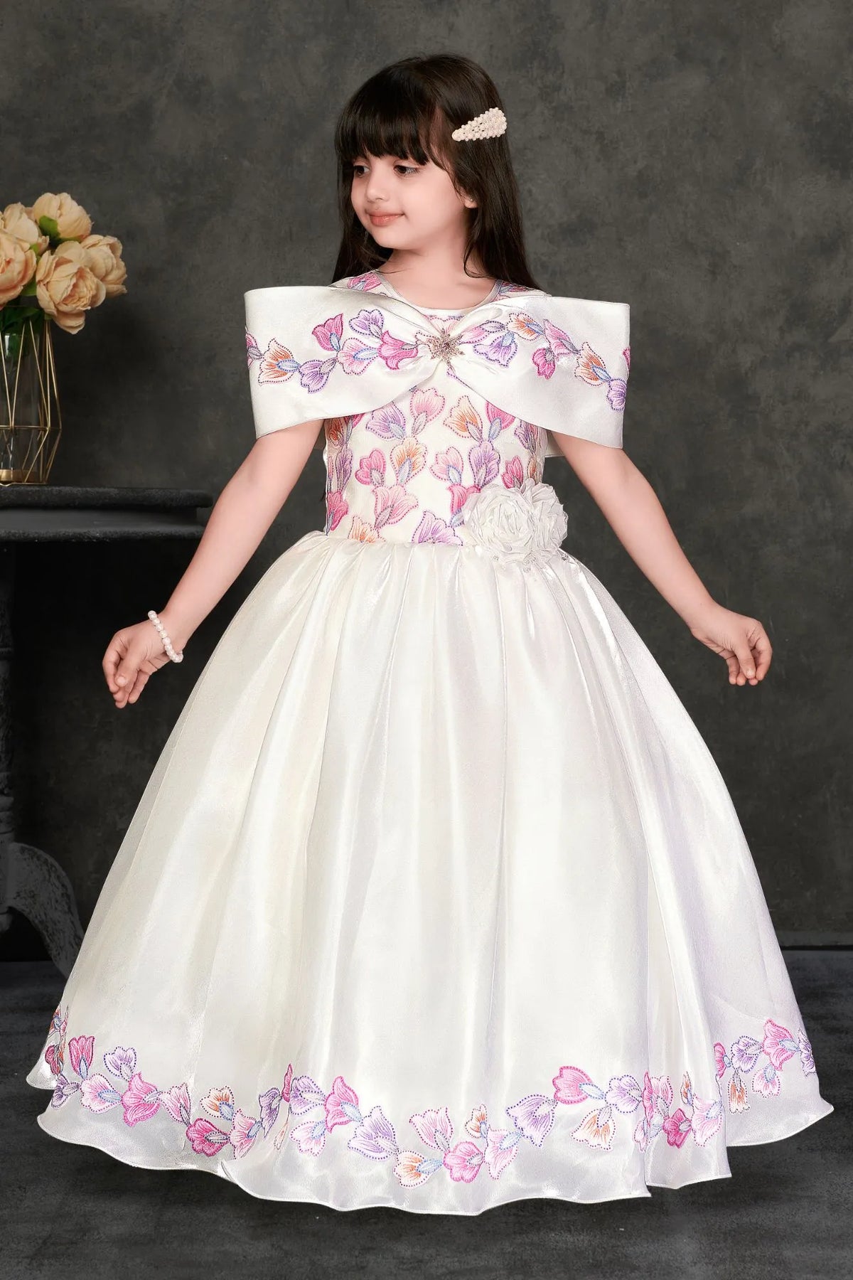White Floral Embroidered Party Gown For Girls