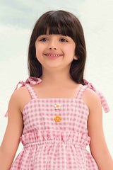 Pink And White Checked Cotton Frock For Girls